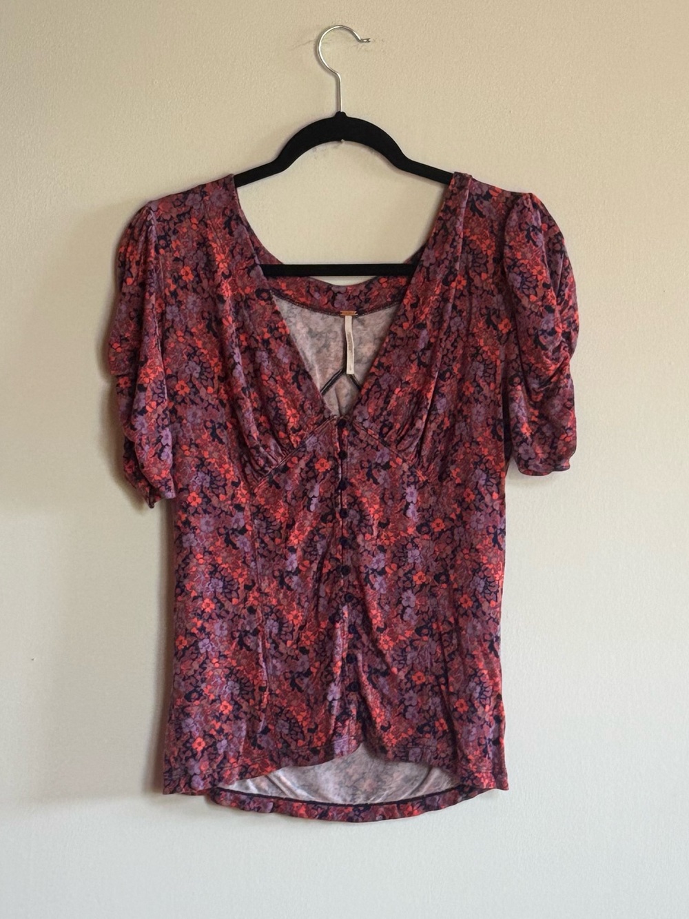 Free People Floral Ruched V-Neck Top Puff Sleeve Stretch Blouse Large